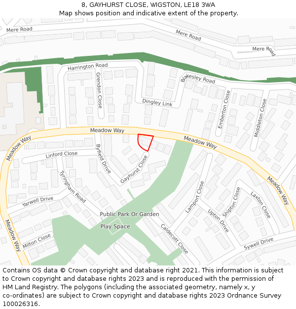 8, GAYHURST CLOSE, WIGSTON, LE18 3WA: Location map and indicative extent of plot