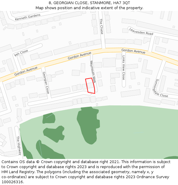 8, GEORGIAN CLOSE, STANMORE, HA7 3QT: Location map and indicative extent of plot