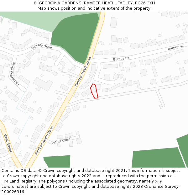 8, GEORGINA GARDENS, PAMBER HEATH, TADLEY, RG26 3XH: Location map and indicative extent of plot