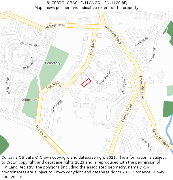 8, GERDDI Y BACHE, LLANGOLLEN, LL20 8EJ: Location map and indicative extent of plot