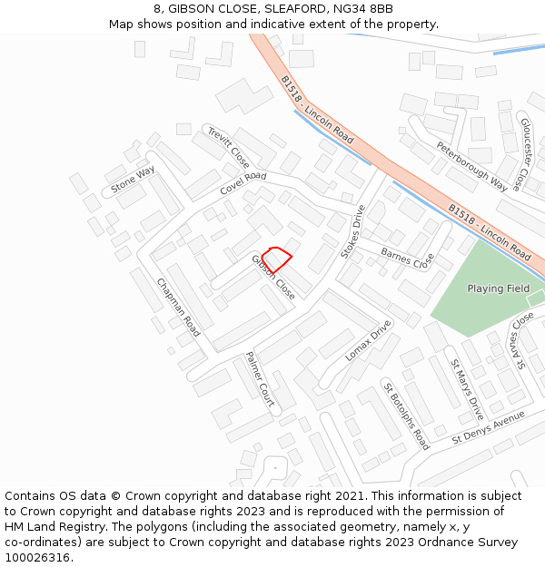 8, GIBSON CLOSE, SLEAFORD, NG34 8BB: Location map and indicative extent of plot