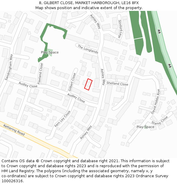 8, GILBERT CLOSE, MARKET HARBOROUGH, LE16 8FX: Location map and indicative extent of plot