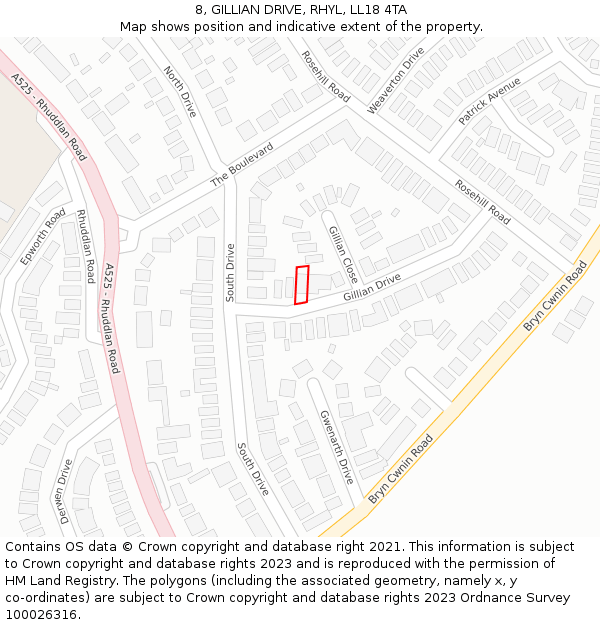 8, GILLIAN DRIVE, RHYL, LL18 4TA: Location map and indicative extent of plot