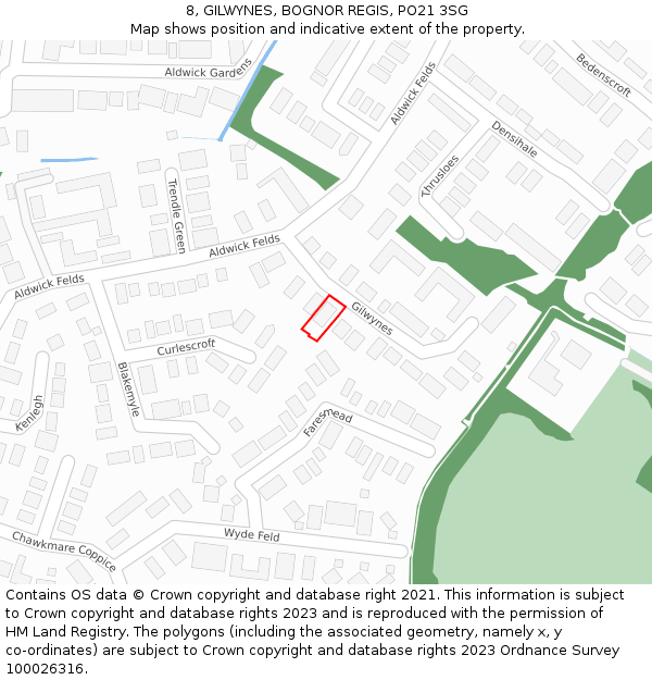 8, GILWYNES, BOGNOR REGIS, PO21 3SG: Location map and indicative extent of plot