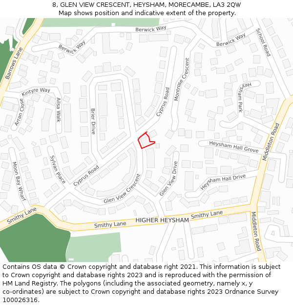 8, GLEN VIEW CRESCENT, HEYSHAM, MORECAMBE, LA3 2QW: Location map and indicative extent of plot