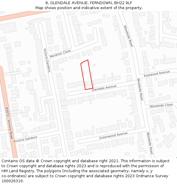 8, GLENDALE AVENUE, FERNDOWN, BH22 9LF: Location map and indicative extent of plot