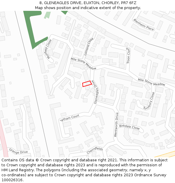 8, GLENEAGLES DRIVE, EUXTON, CHORLEY, PR7 6FZ: Location map and indicative extent of plot