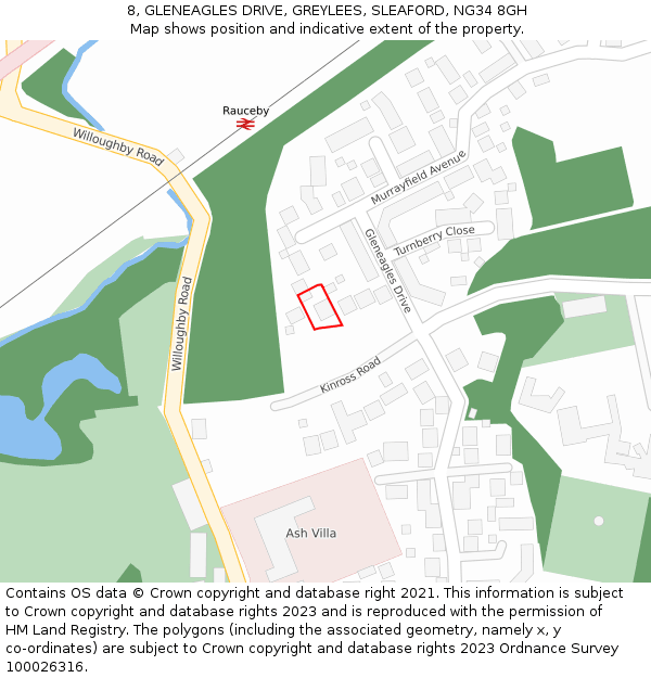 8, GLENEAGLES DRIVE, GREYLEES, SLEAFORD, NG34 8GH: Location map and indicative extent of plot