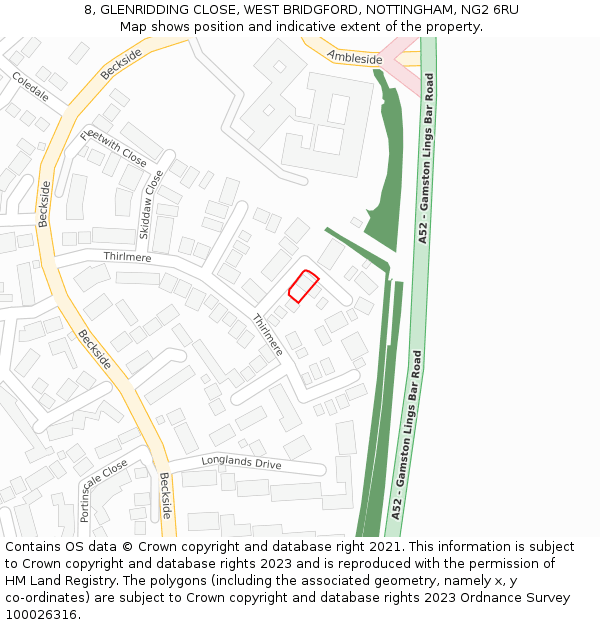 8, GLENRIDDING CLOSE, WEST BRIDGFORD, NOTTINGHAM, NG2 6RU: Location map and indicative extent of plot