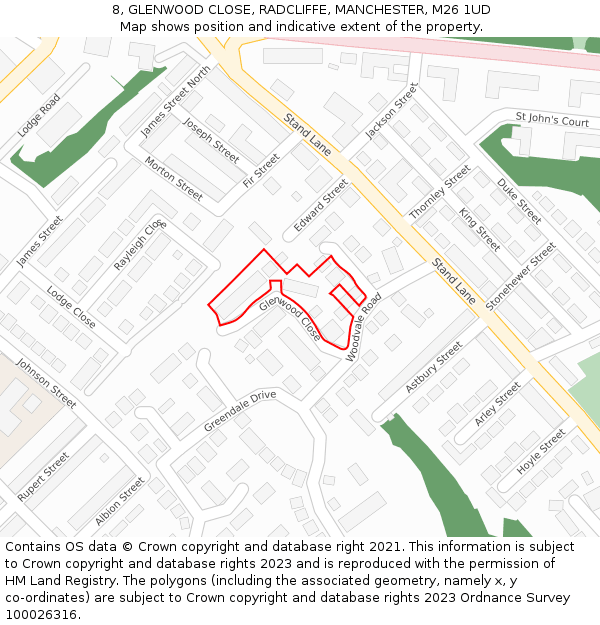 8, GLENWOOD CLOSE, RADCLIFFE, MANCHESTER, M26 1UD: Location map and indicative extent of plot