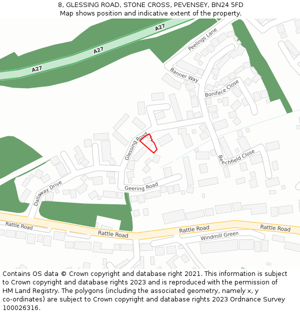 8, GLESSING ROAD, STONE CROSS, PEVENSEY, BN24 5FD: Location map and indicative extent of plot