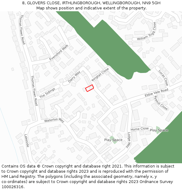 8, GLOVERS CLOSE, IRTHLINGBOROUGH, WELLINGBOROUGH, NN9 5GH: Location map and indicative extent of plot