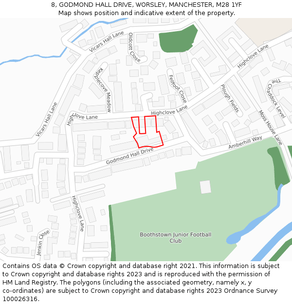 8, GODMOND HALL DRIVE, WORSLEY, MANCHESTER, M28 1YF: Location map and indicative extent of plot