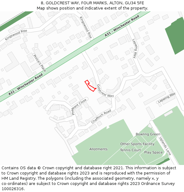 8, GOLDCREST WAY, FOUR MARKS, ALTON, GU34 5FE: Location map and indicative extent of plot