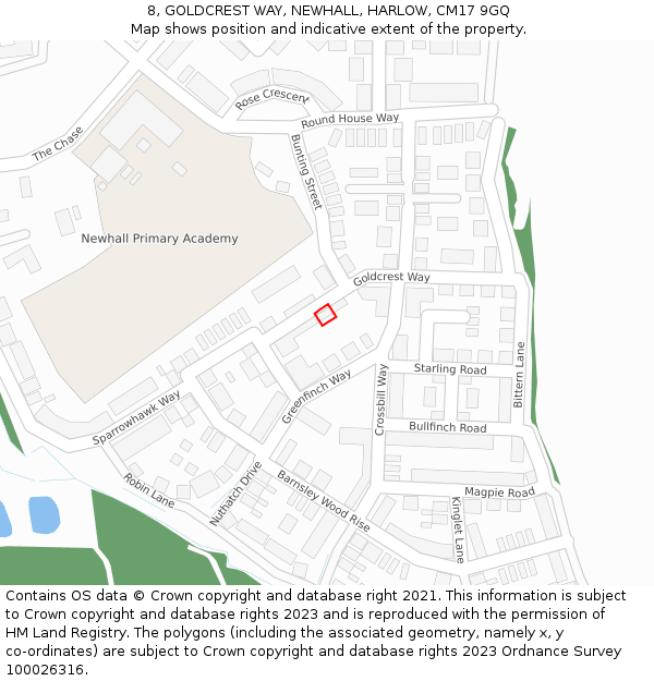 8, GOLDCREST WAY, NEWHALL, HARLOW, CM17 9GQ: Location map and indicative extent of plot