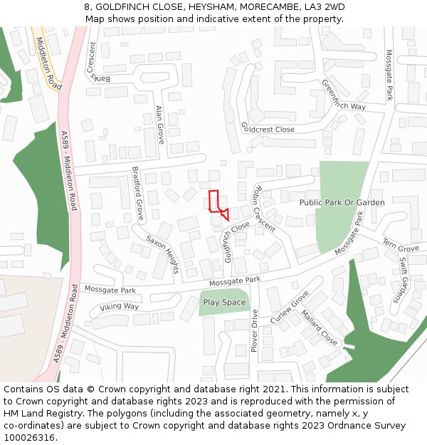 8, GOLDFINCH CLOSE, HEYSHAM, MORECAMBE, LA3 2WD: Location map and indicative extent of plot