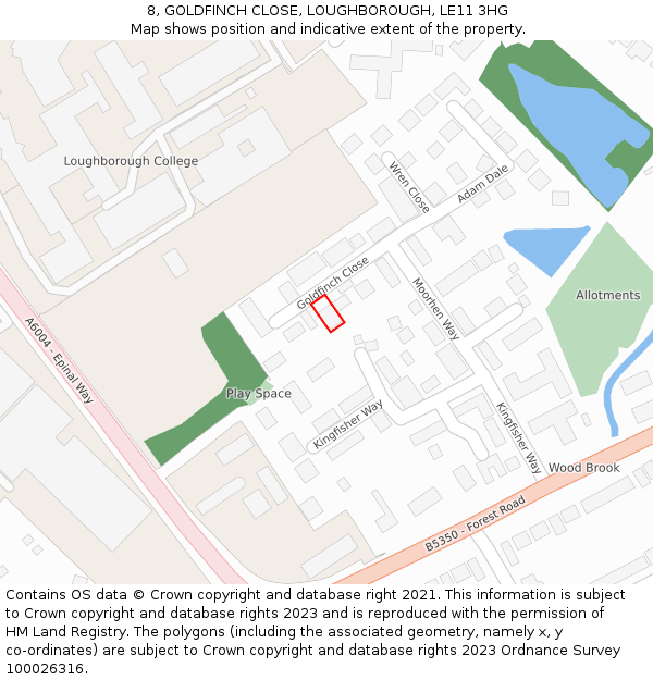 8, GOLDFINCH CLOSE, LOUGHBOROUGH, LE11 3HG: Location map and indicative extent of plot