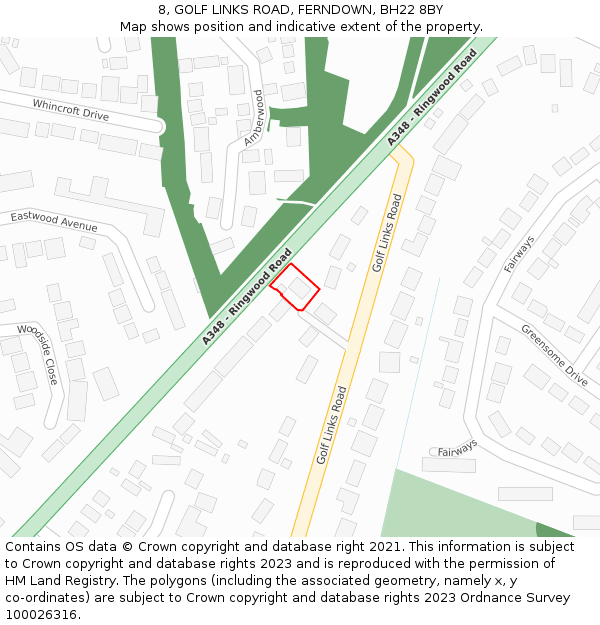 8, GOLF LINKS ROAD, FERNDOWN, BH22 8BY: Location map and indicative extent of plot