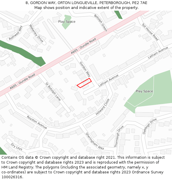 8, GORDON WAY, ORTON LONGUEVILLE, PETERBOROUGH, PE2 7AE: Location map and indicative extent of plot