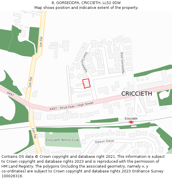 8, GORSEDDFA, CRICCIETH, LL52 0DW: Location map and indicative extent of plot