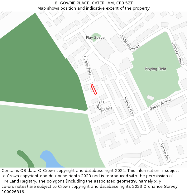 8, GOWRIE PLACE, CATERHAM, CR3 5ZF: Location map and indicative extent of plot