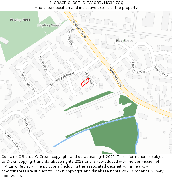 8, GRACE CLOSE, SLEAFORD, NG34 7GQ: Location map and indicative extent of plot