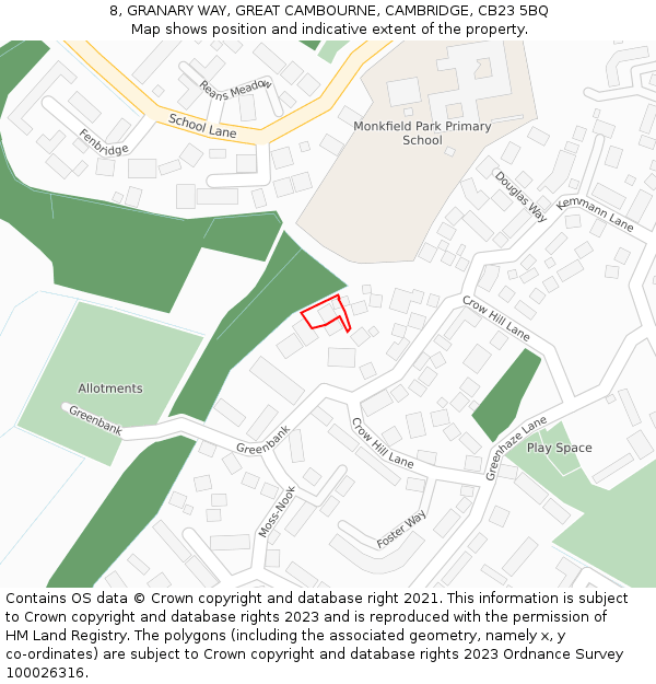 8, GRANARY WAY, GREAT CAMBOURNE, CAMBRIDGE, CB23 5BQ: Location map and indicative extent of plot