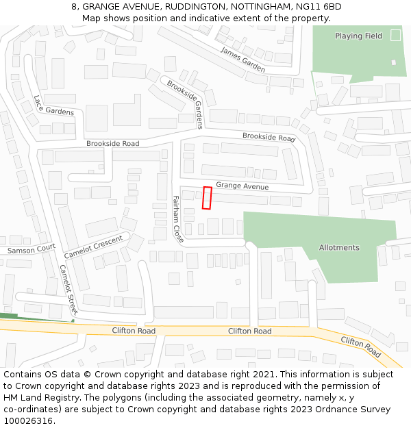 8, GRANGE AVENUE, RUDDINGTON, NOTTINGHAM, NG11 6BD: Location map and indicative extent of plot