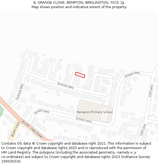 8, GRANGE CLOSE, BEMPTON, BRIDLINGTON, YO15 1JL: Location map and indicative extent of plot