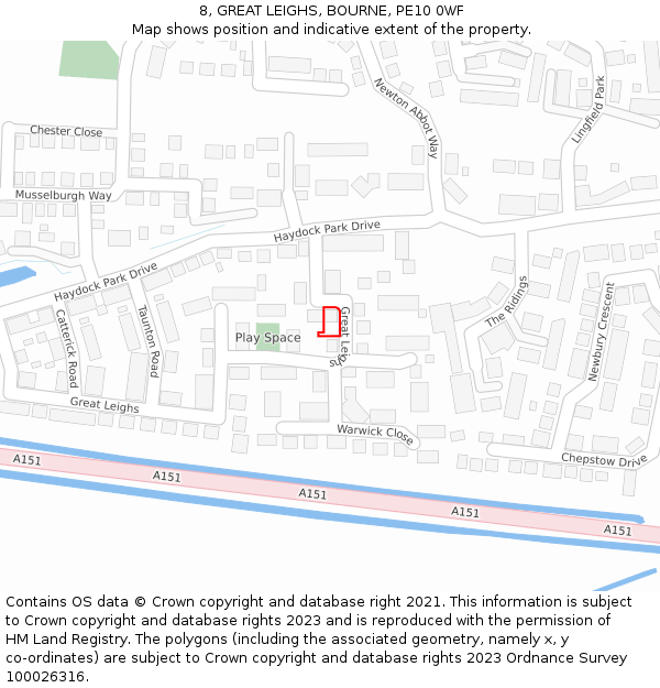 8, GREAT LEIGHS, BOURNE, PE10 0WF: Location map and indicative extent of plot