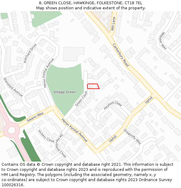 8, GREEN CLOSE, HAWKINGE, FOLKESTONE, CT18 7EL: Location map and indicative extent of plot