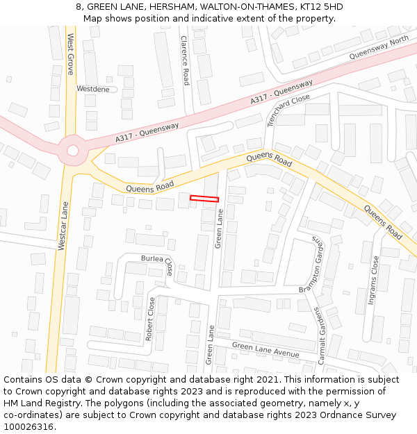 8, GREEN LANE, HERSHAM, WALTON-ON-THAMES, KT12 5HD: Location map and indicative extent of plot