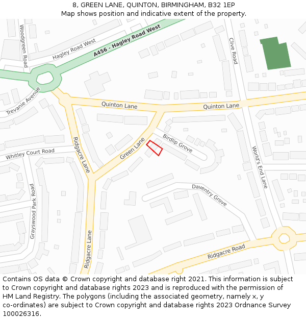 8, GREEN LANE, QUINTON, BIRMINGHAM, B32 1EP: Location map and indicative extent of plot