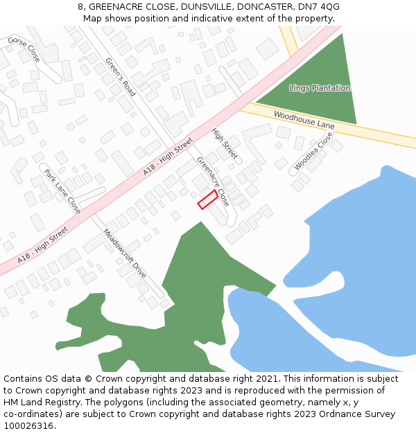 8, GREENACRE CLOSE, DUNSVILLE, DONCASTER, DN7 4QG: Location map and indicative extent of plot