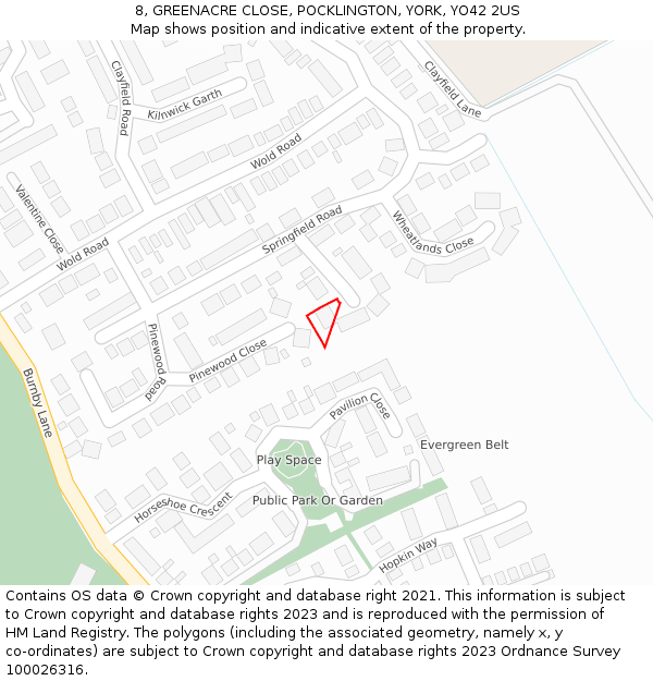 8, GREENACRE CLOSE, POCKLINGTON, YORK, YO42 2US: Location map and indicative extent of plot