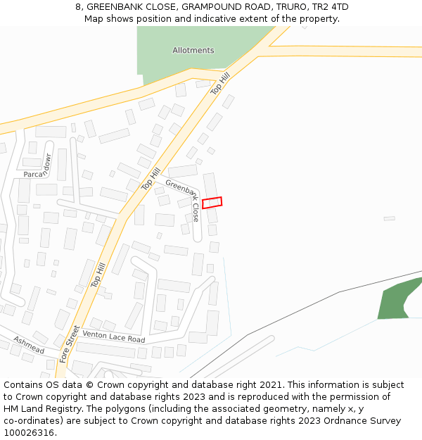 8, GREENBANK CLOSE, GRAMPOUND ROAD, TRURO, TR2 4TD: Location map and indicative extent of plot