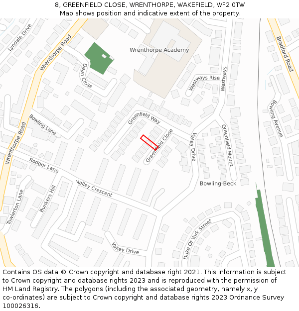 8, GREENFIELD CLOSE, WRENTHORPE, WAKEFIELD, WF2 0TW: Location map and indicative extent of plot