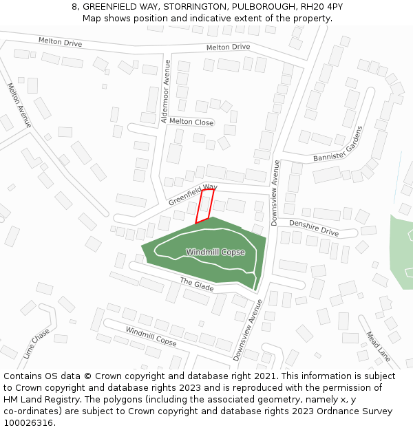 8, GREENFIELD WAY, STORRINGTON, PULBOROUGH, RH20 4PY: Location map and indicative extent of plot