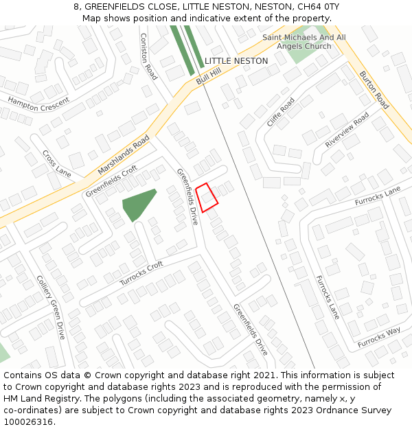 8, GREENFIELDS CLOSE, LITTLE NESTON, NESTON, CH64 0TY: Location map and indicative extent of plot