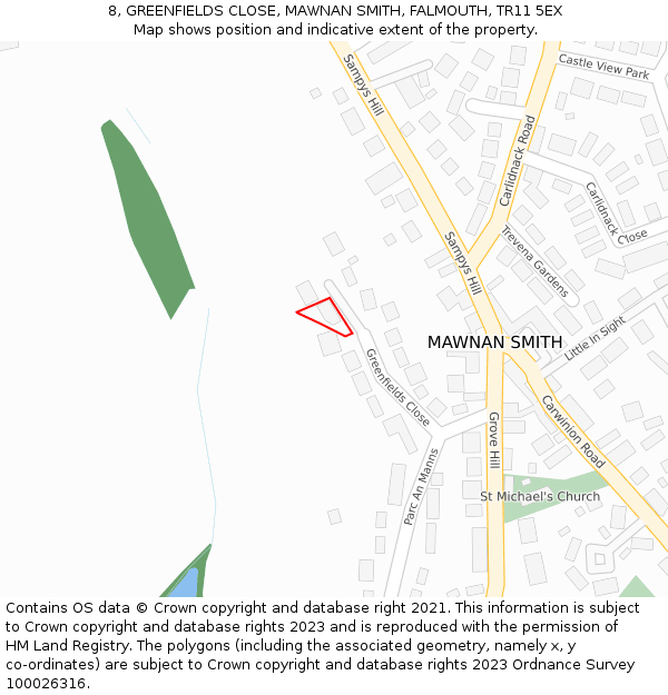 8, GREENFIELDS CLOSE, MAWNAN SMITH, FALMOUTH, TR11 5EX: Location map and indicative extent of plot