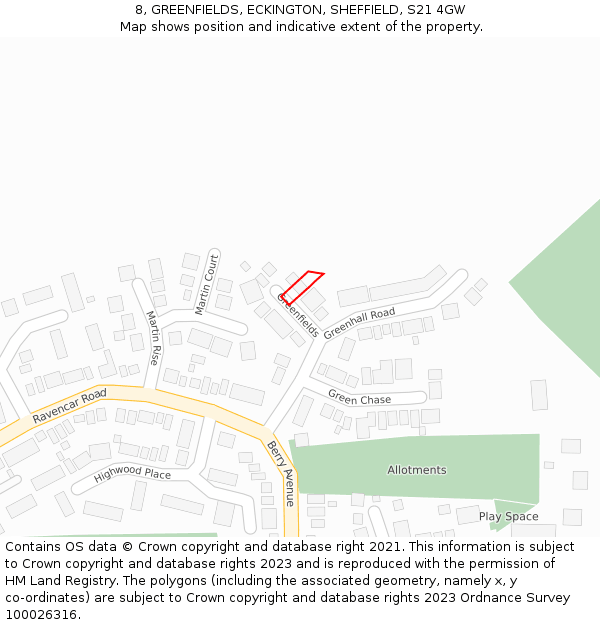 8, GREENFIELDS, ECKINGTON, SHEFFIELD, S21 4GW: Location map and indicative extent of plot