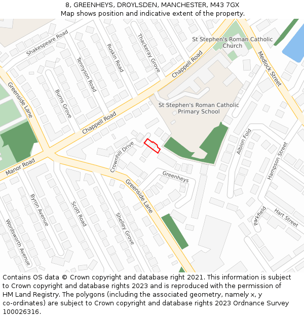 8, GREENHEYS, DROYLSDEN, MANCHESTER, M43 7GX: Location map and indicative extent of plot