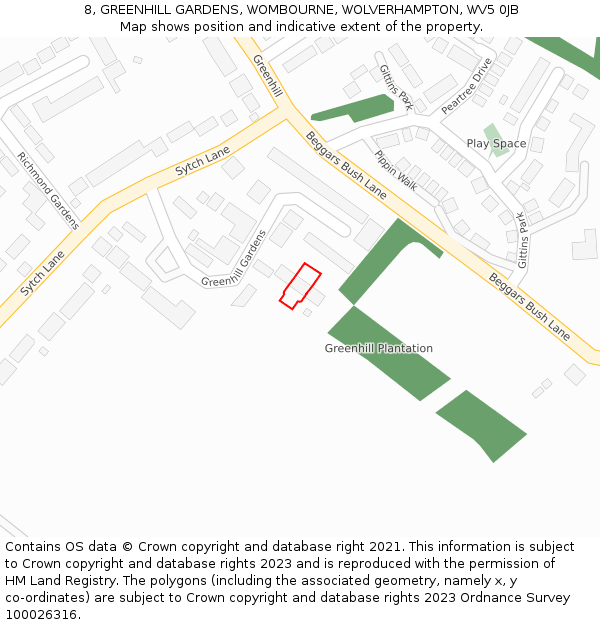 8, GREENHILL GARDENS, WOMBOURNE, WOLVERHAMPTON, WV5 0JB: Location map and indicative extent of plot