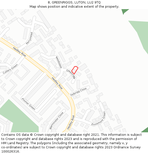 8, GREENRIGGS, LUTON, LU2 9TQ: Location map and indicative extent of plot