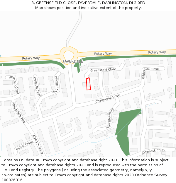 8, GREENSFIELD CLOSE, FAVERDALE, DARLINGTON, DL3 0ED: Location map and indicative extent of plot