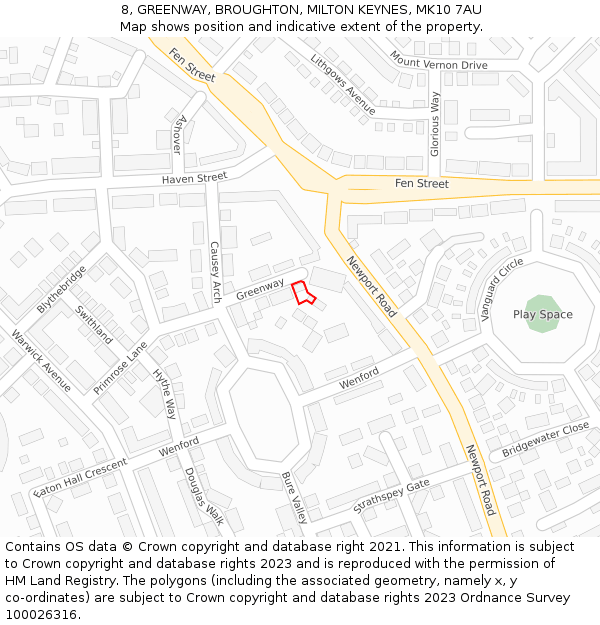 8, GREENWAY, BROUGHTON, MILTON KEYNES, MK10 7AU: Location map and indicative extent of plot