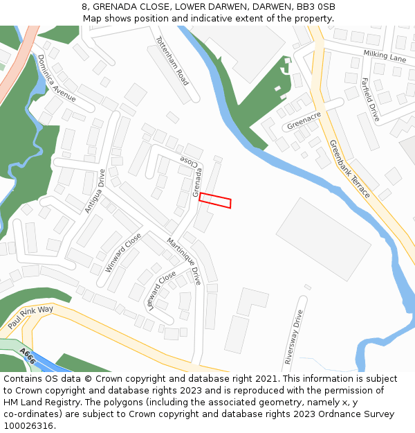 8, GRENADA CLOSE, LOWER DARWEN, DARWEN, BB3 0SB: Location map and indicative extent of plot