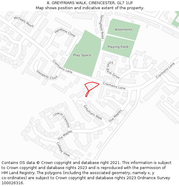 8, GREYFRIARS WALK, CIRENCESTER, GL7 1UF: Location map and indicative extent of plot
