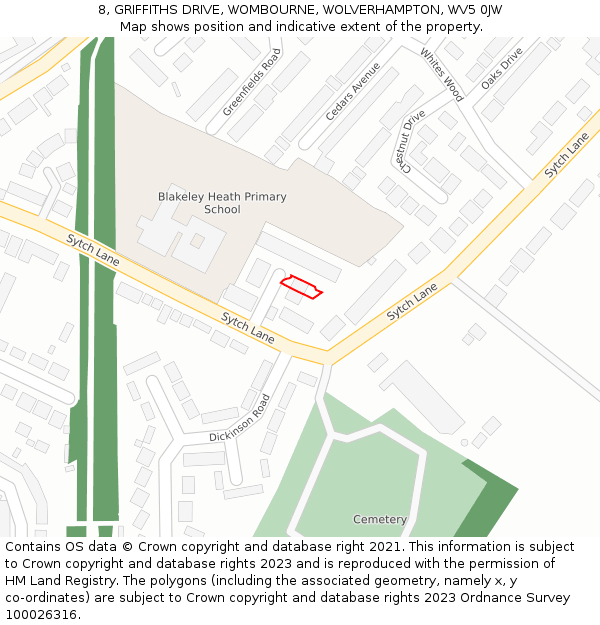 8, GRIFFITHS DRIVE, WOMBOURNE, WOLVERHAMPTON, WV5 0JW: Location map and indicative extent of plot