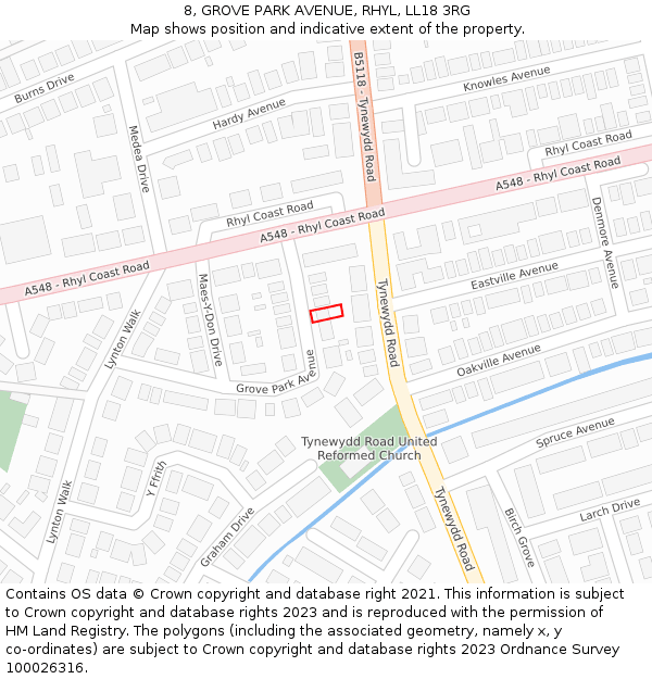 8, GROVE PARK AVENUE, RHYL, LL18 3RG: Location map and indicative extent of plot